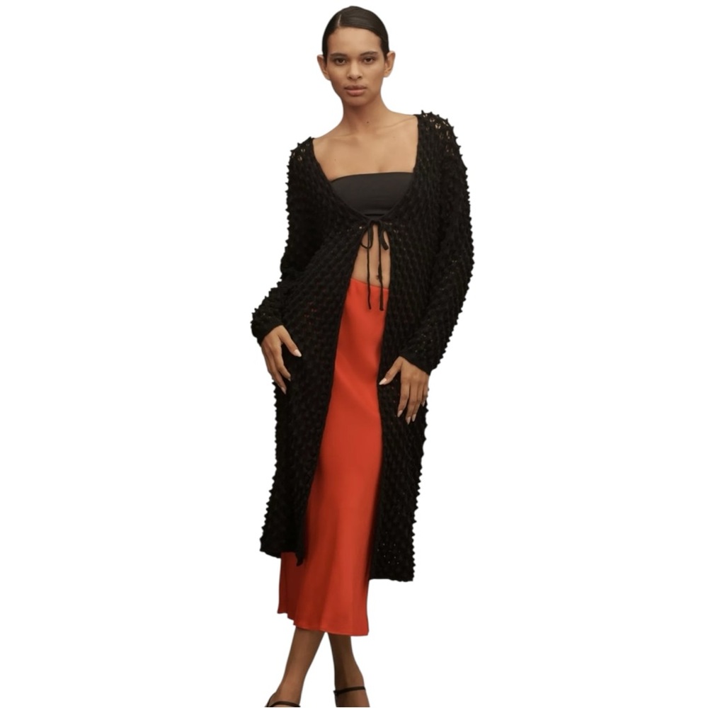 Maeve Long Front Tie Popcorn Cardigan Black Open Knit Sweater One Size
